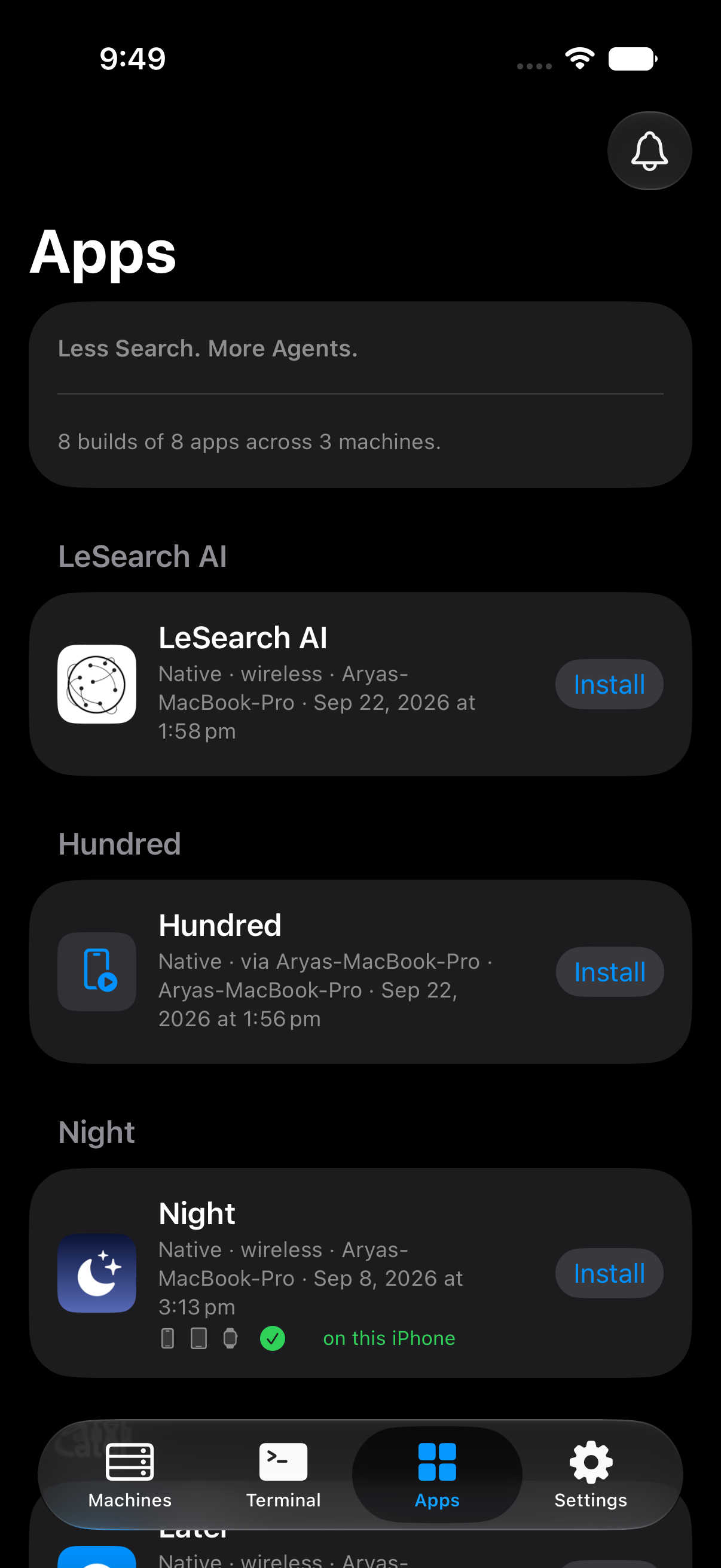Apps your agents built, installable from the phone