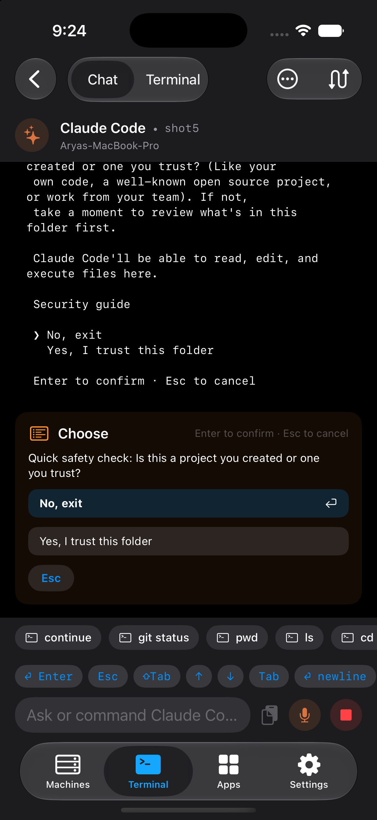 A Claude Code trust prompt on the phone: the Choose card carries the question it asked and offers each option as a button