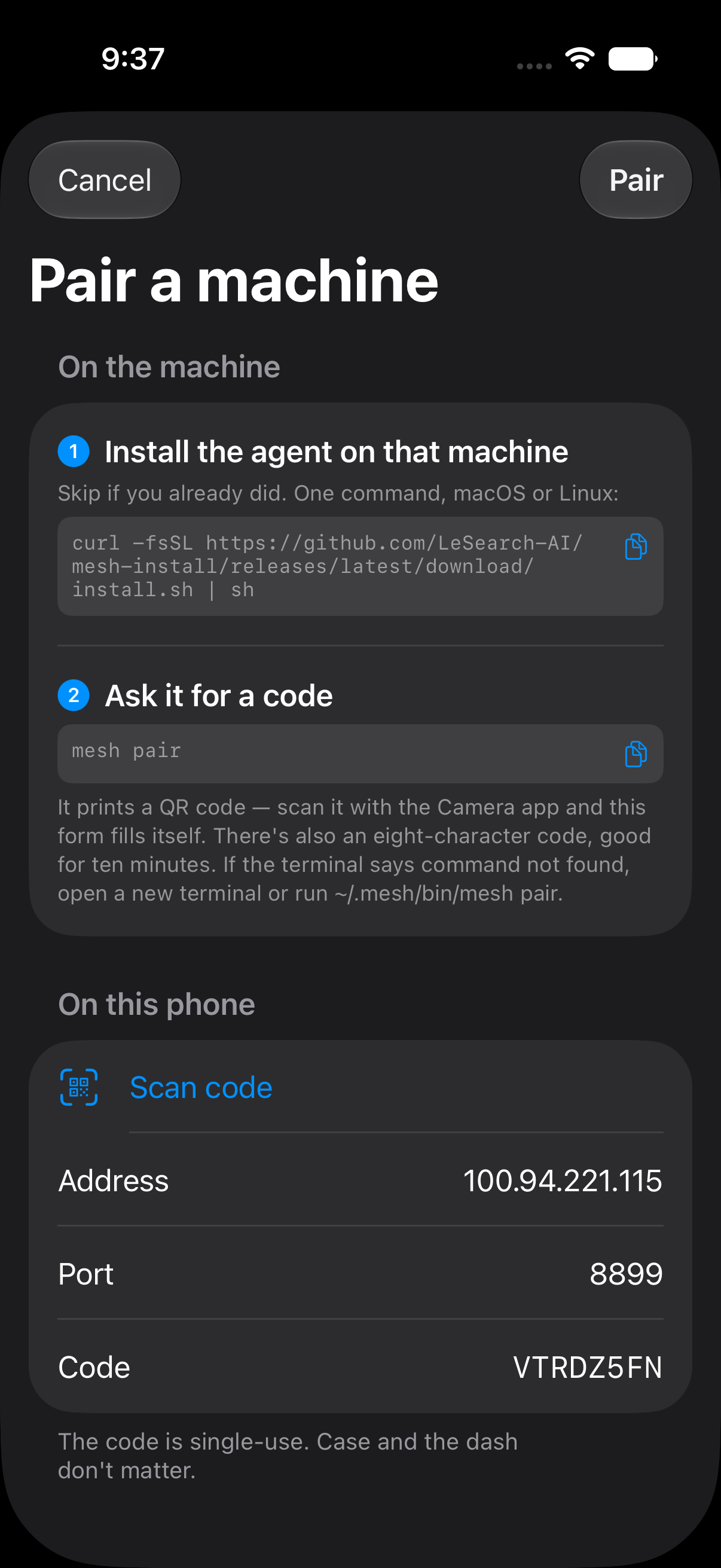 Pairing: the code on the machine, confirmed on the phone