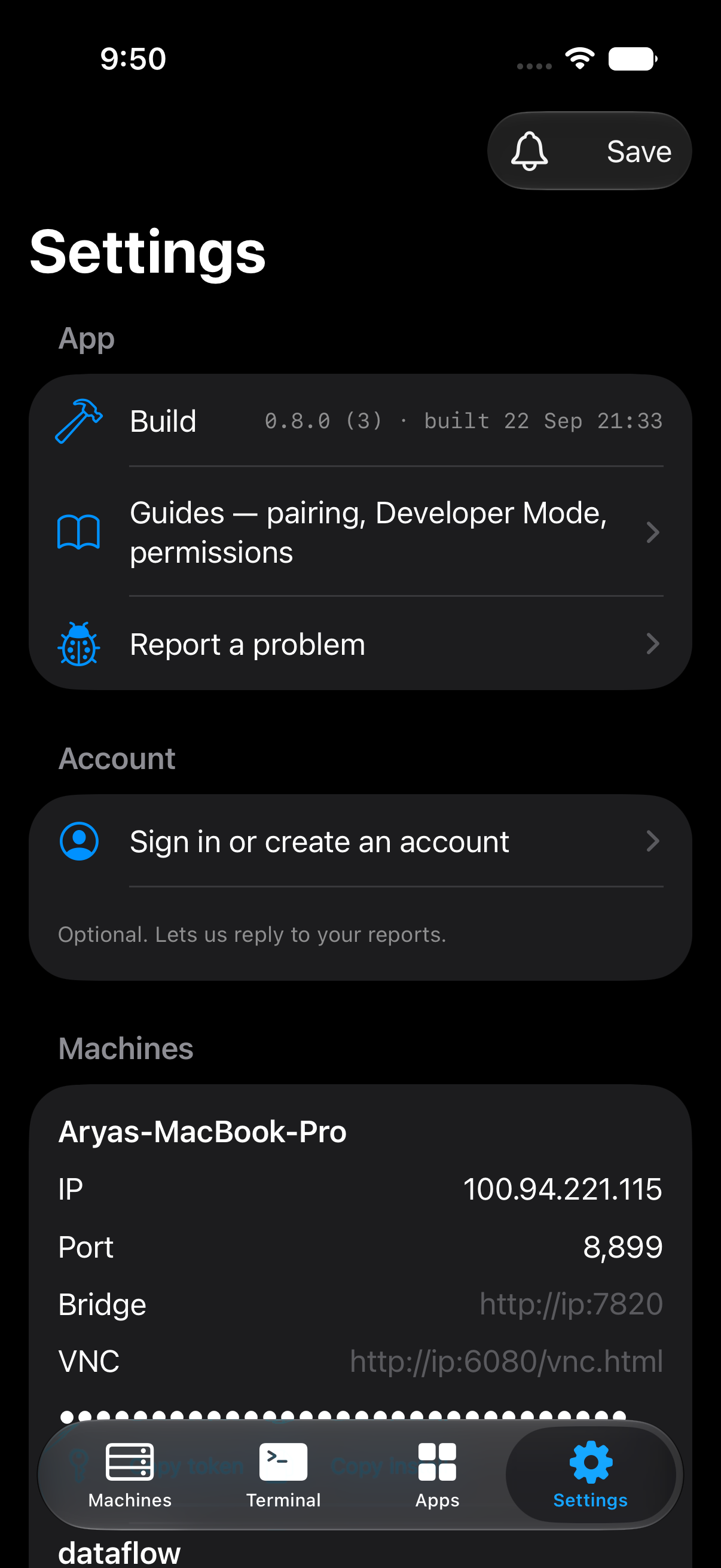 Settings, with the optional account