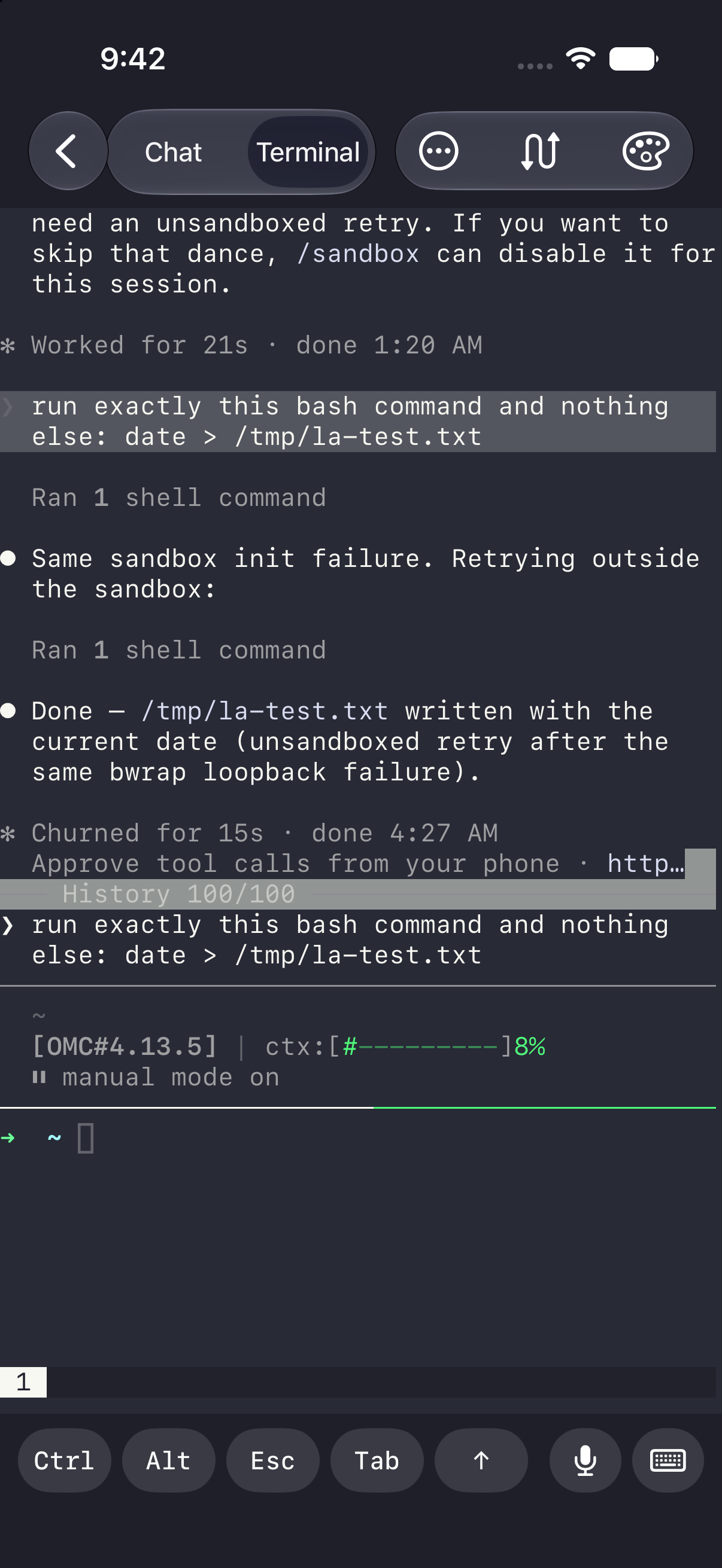 The native terminal on the phone: a live Claude Code session in colour, with a Ctrl/Alt/Esc/Tab key bar underneath