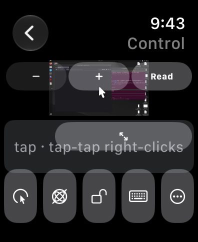 The Control screen on an Apple Watch: a live Raspberry Pi screen, zoom buttons, a trackpad area and a row of key controls